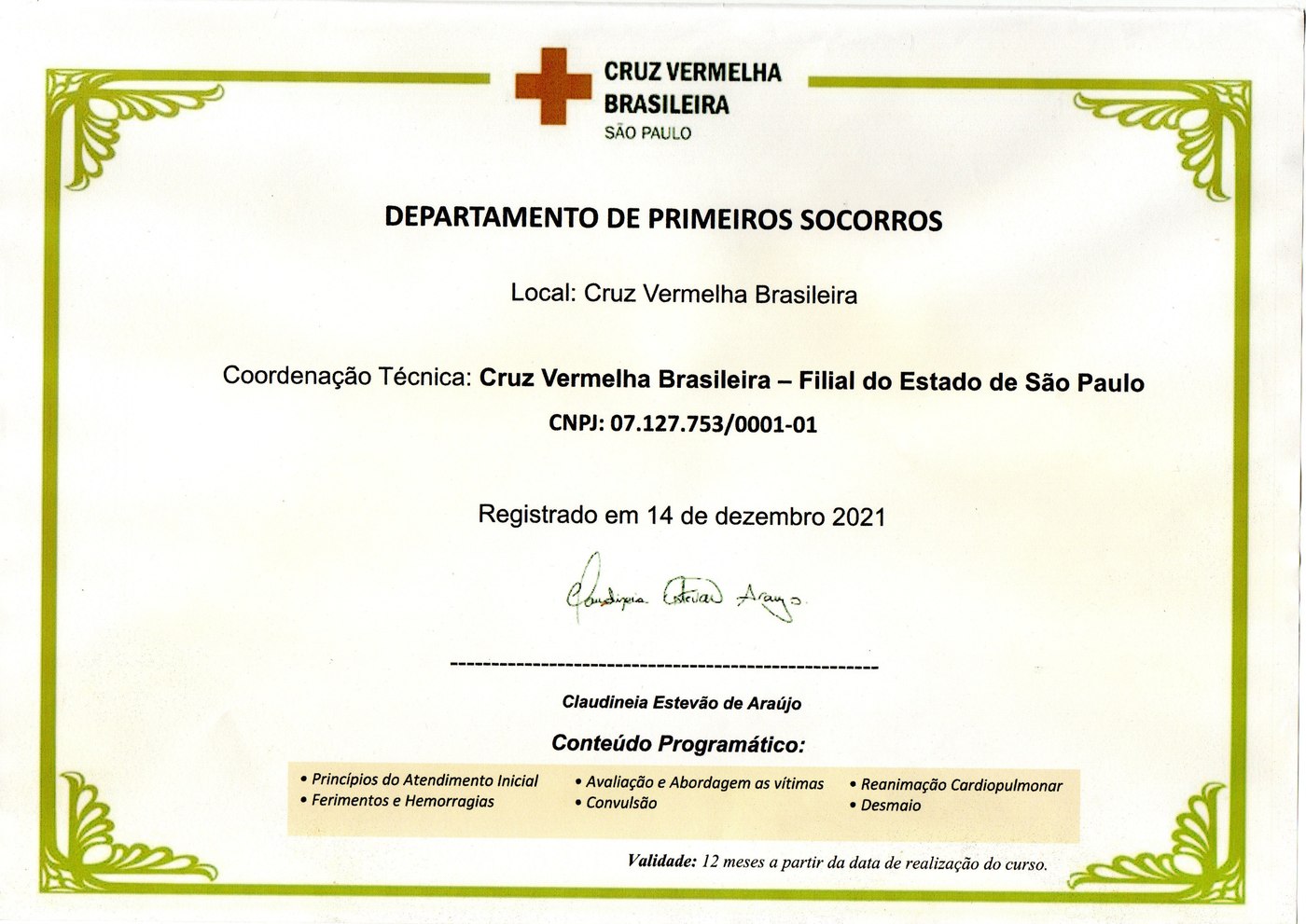 Certificado — Departamento de Primeiros Socorros, Cruz Vermelha, 2021