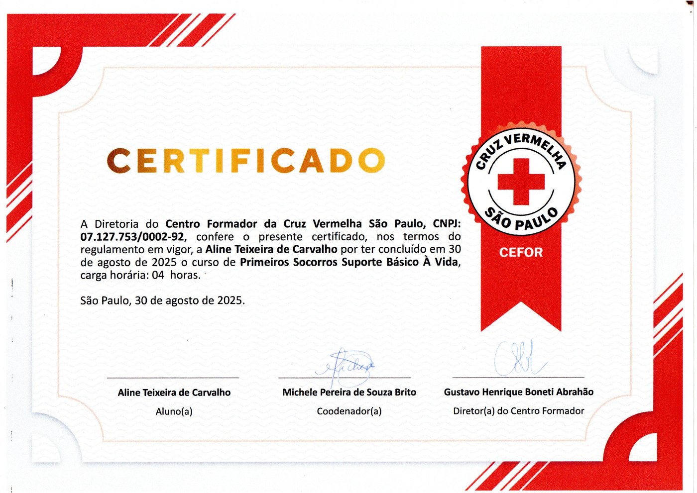 Certificado — Primeiros Socorros Suporte Básico à Vida, Cruz Vermelha, frente