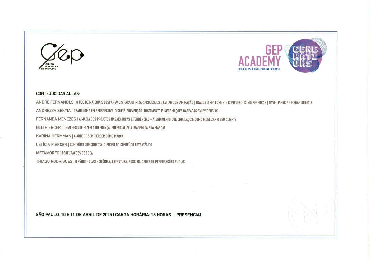 Certificado GEP Academy Generations — verso