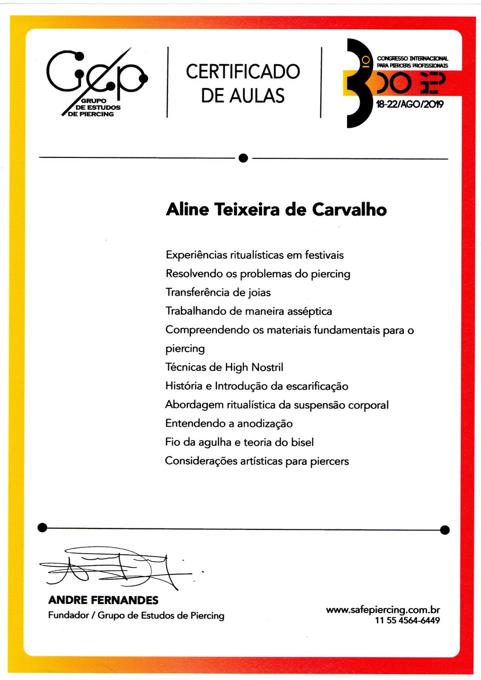 Certificado de Aulas — 3º Congresso Internacional para Piercers Profissionais, GEP, 2019