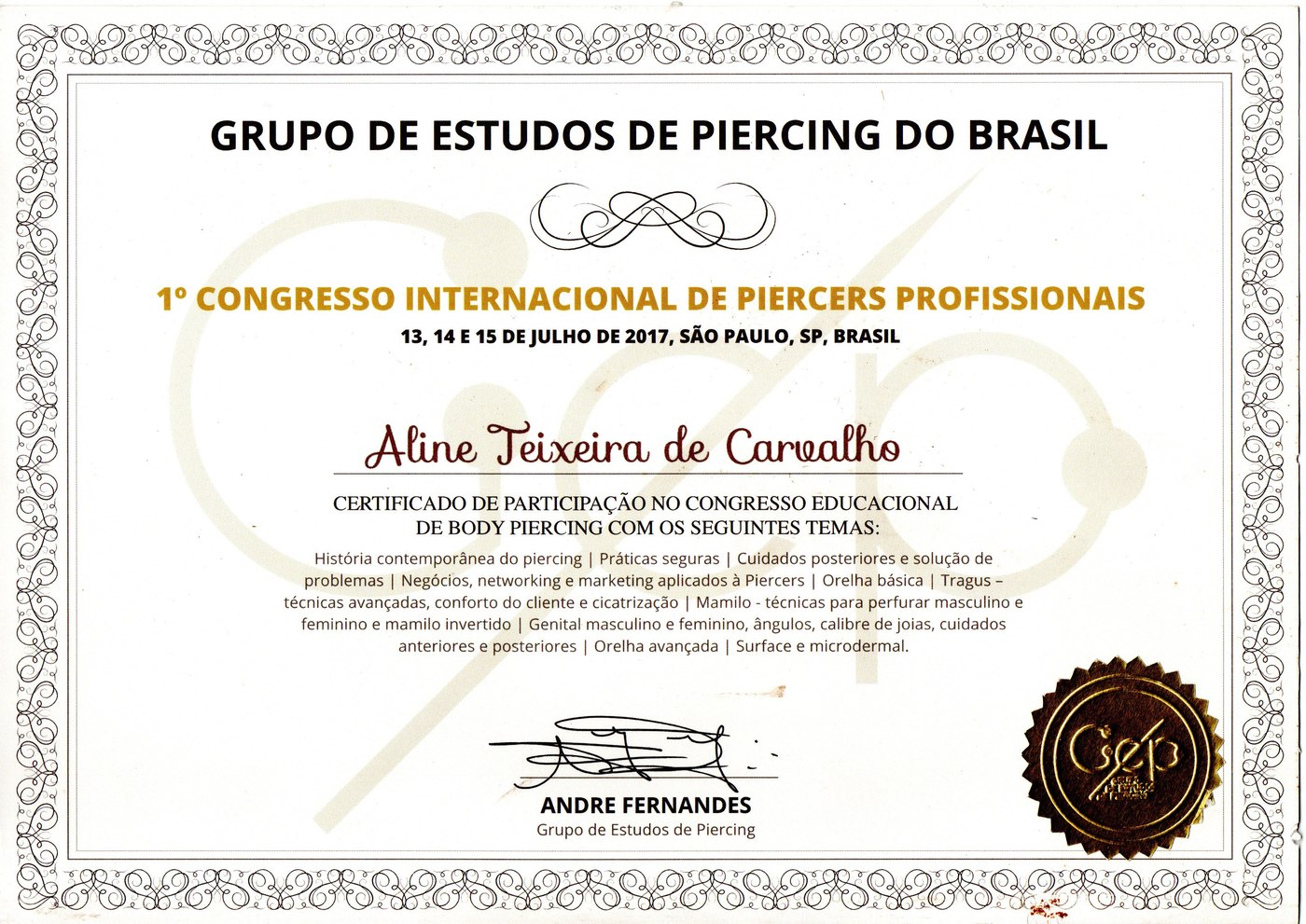 Certificado — 1º Congresso Internacional de Piercers Profissionais, GEP, 2017