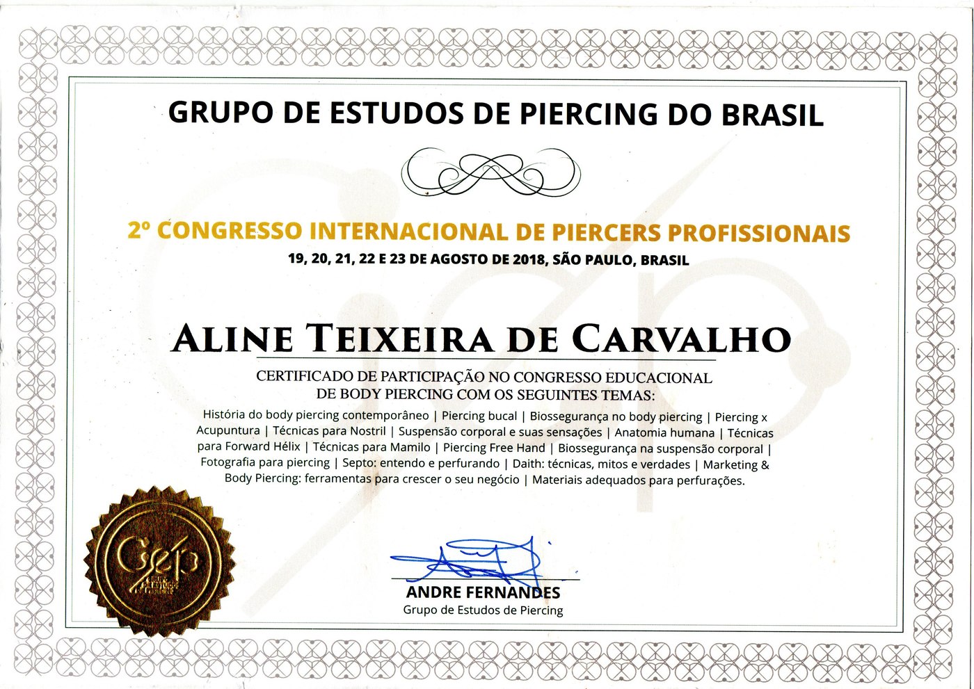 Certificado — 2º Congresso Internacional de Piercers Profissionais, GEP, 2018